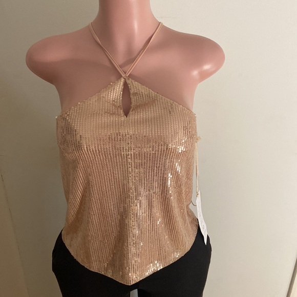 Lumiere Champagne Sequence Sleeveless Neck Tie Top Size Small - Picture 2 of 7